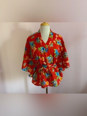Vintage Red Floral Wrap Tunic Top with Self-Tie Waist